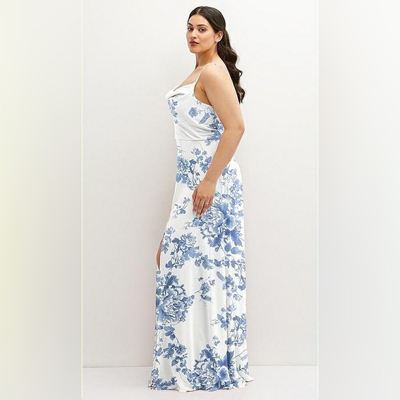 SOFT COWL-NECK A-LINE MAXI DRESS W/ ADJUSTABLE STRAPS IN COTTAGE ROSE DUSK BLUE - Picture 9 of 10
